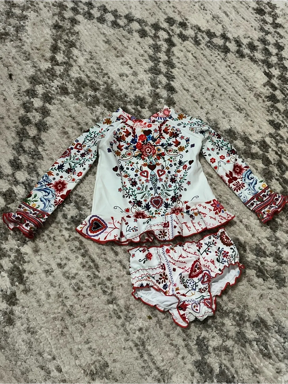 White Floral Embroidered Two-Piece Set with Red Accents